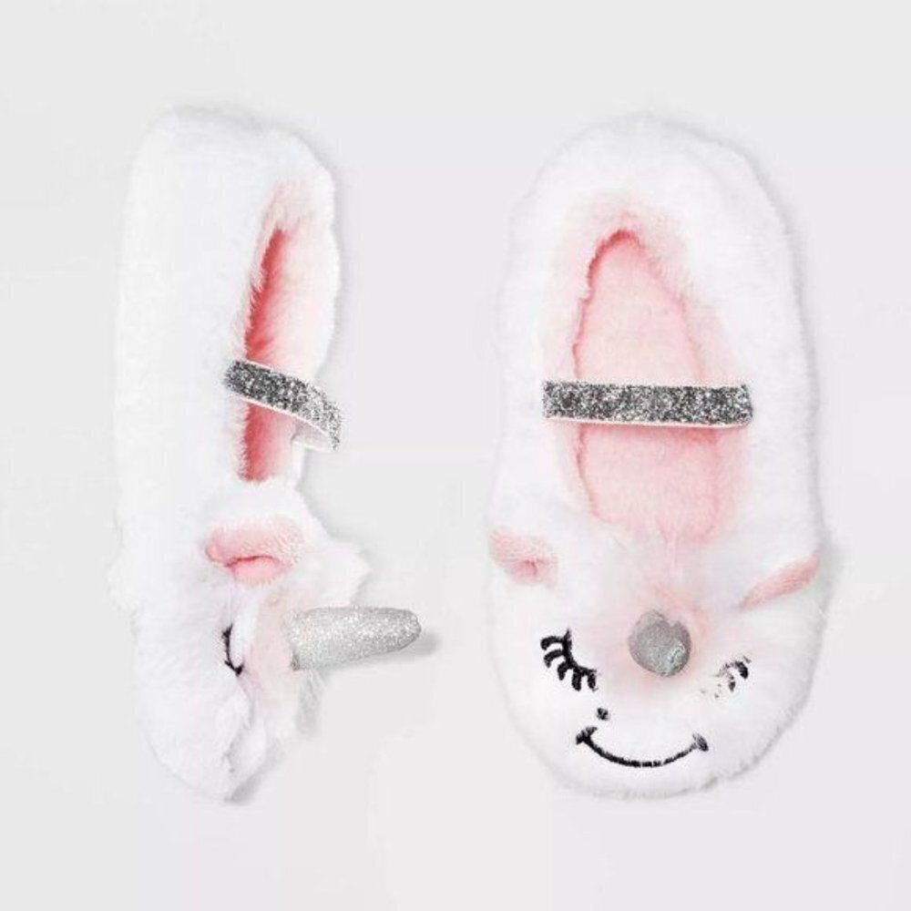 Cat & Jack Girls Slippers Size 12-24M White Pink Unicorn Fuzzy Plush Shoes
